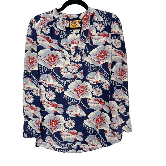 Tory Burch Size 2 Navy Blue Gray Red Floral Printed Long Sleeve Silk Blouse Top - Picture 1 of 10